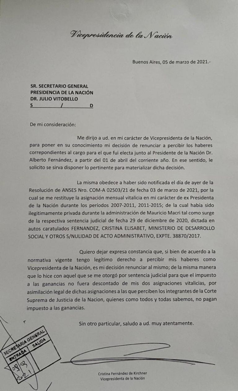 La carta de Cristina Kirchner para el secretario General de la Presidencia, Julio Vitobello.