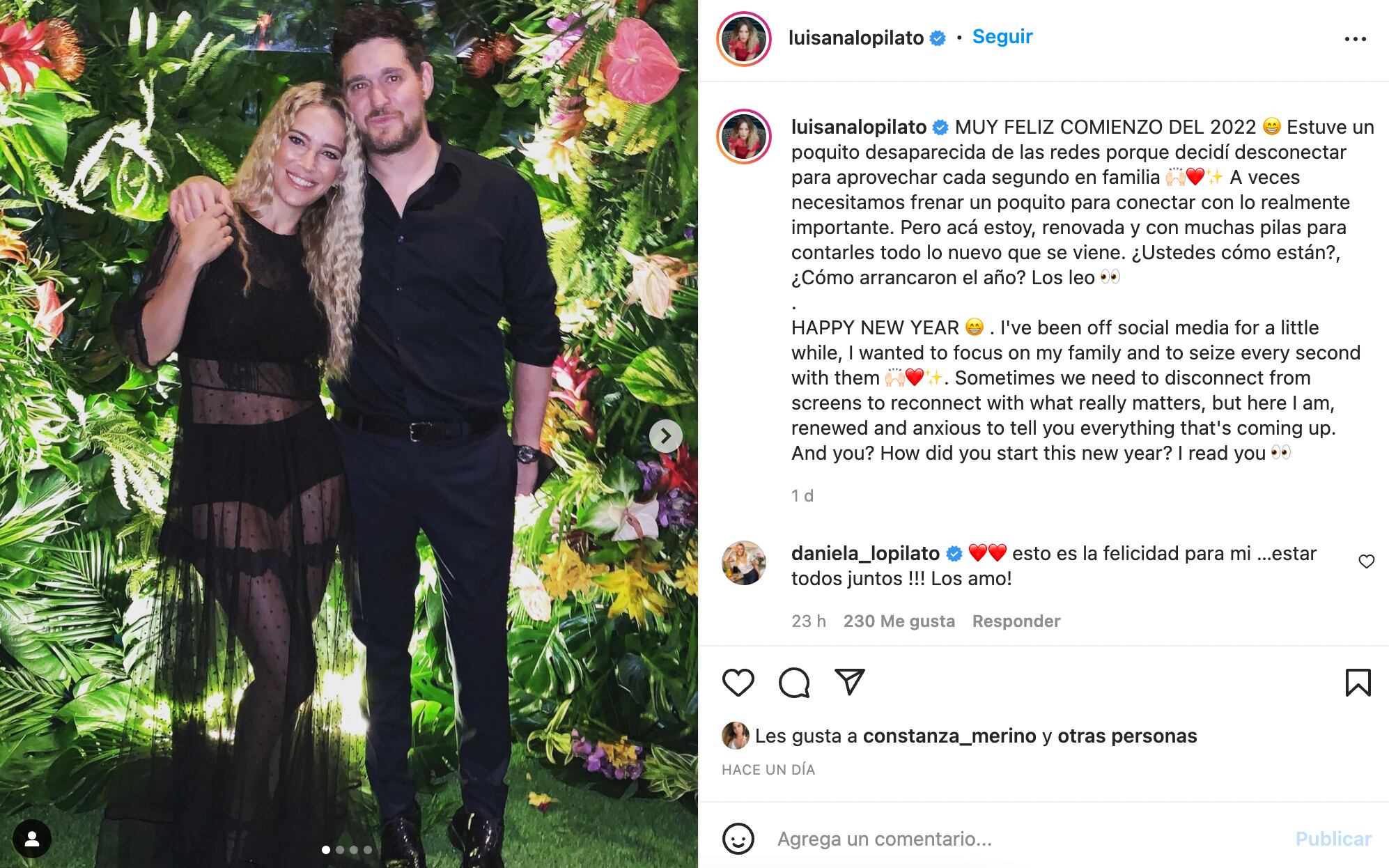 El posteo de Luisana Lopilato