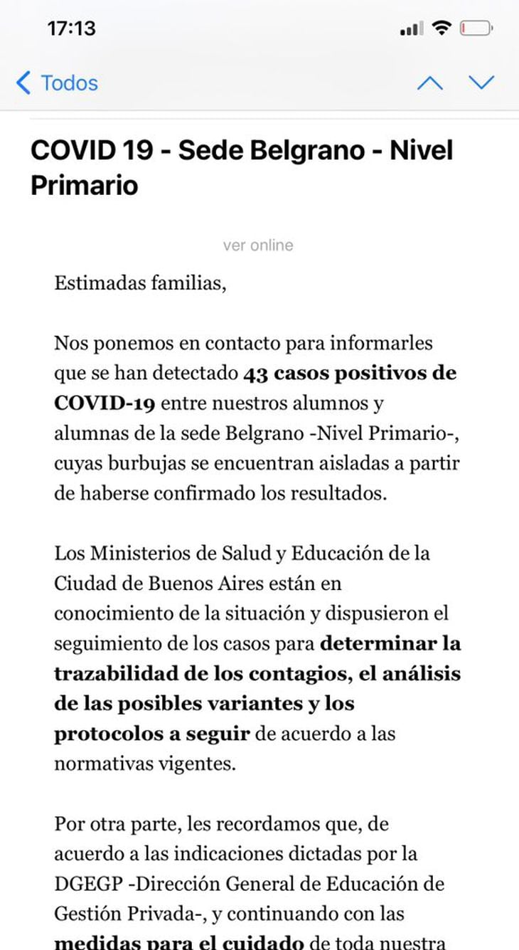 Fragmento del comunicado de las autoridades de ORT, ante el brote de Covid de varios alumnos.