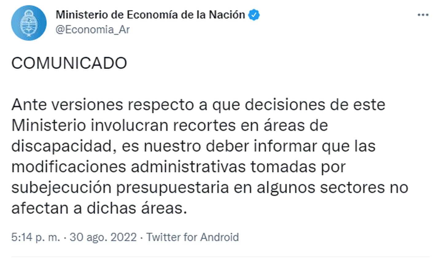 El comunicado oficial del Ministerio de Economía.