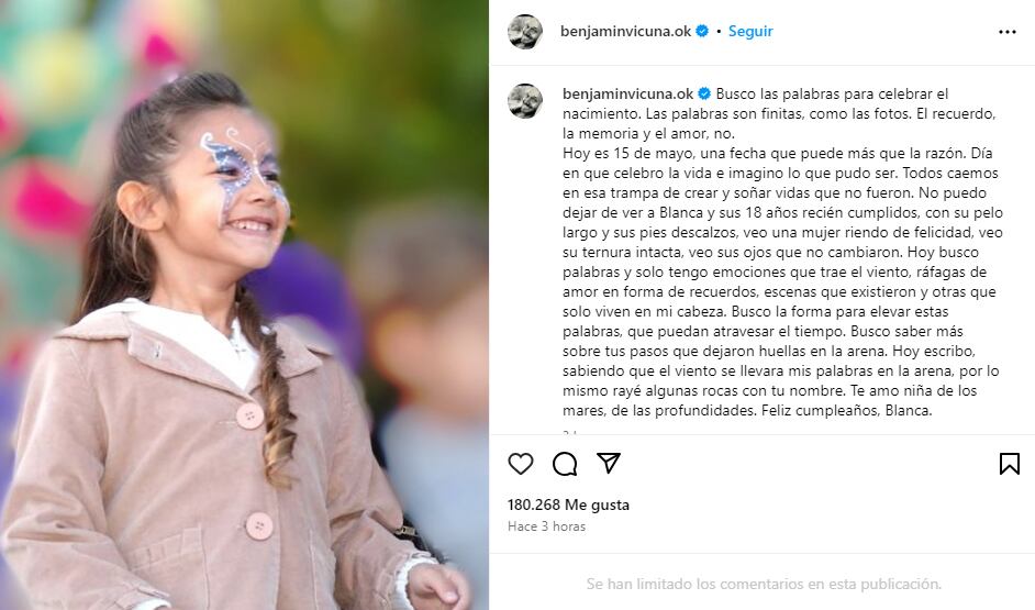 El emotivo mensaje que Benjamín Vicuña le dedicó a Blanca, su hija fallecida.