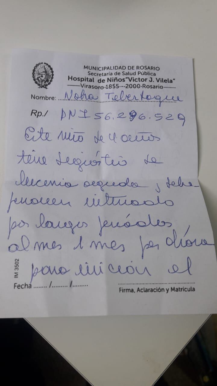 Nota realizada por el hospital explicando la situación de Noah 