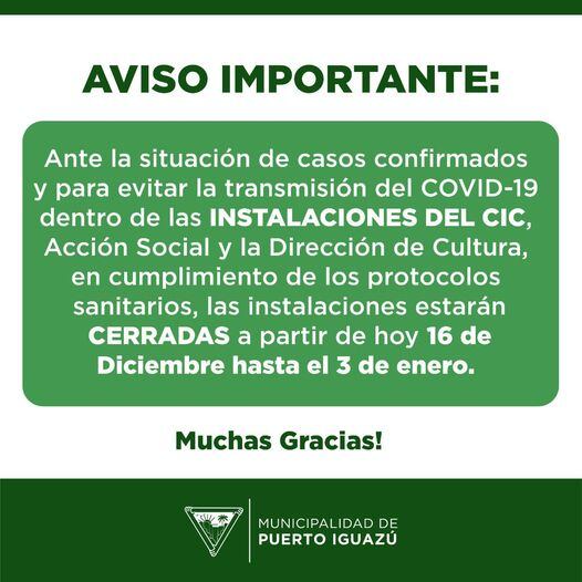 Puerto Iguazú: por la suba de casos de Covid-19, el C.I.C permanecerá cerrado hasta el 3 de enero.