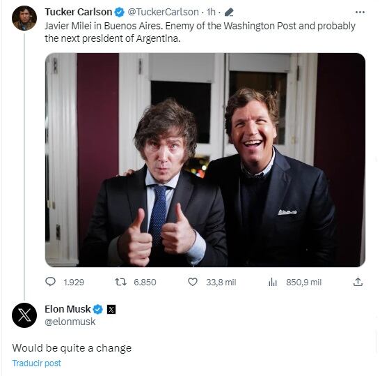 La respuesta de Elon Musk a la foto de Carlson con Milei.