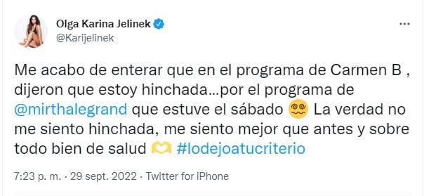 El tuit de Karina Jelinek contra Carmen Barbieri