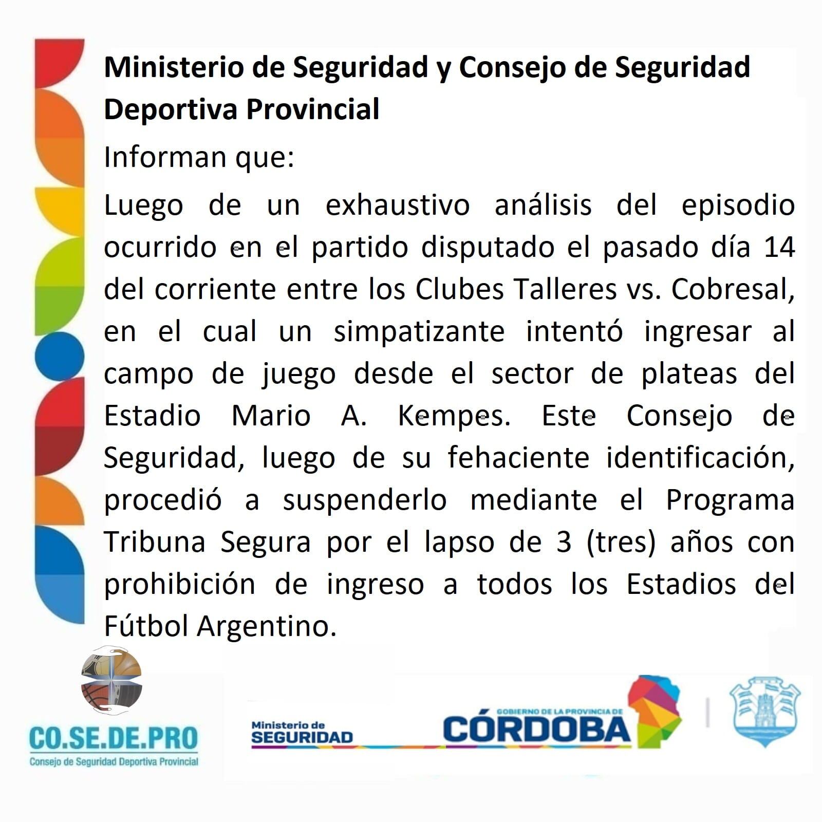 El Ministerio de Seguridad y el Consejo de Seguridad Deportiva Provincial dio a conocer la sanción para el hincha de Talleres. (Ministerio de Seguridad)