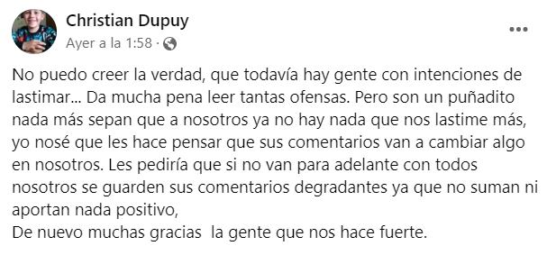 Christian, padre de Lucio Dupuy, se quejó por los comentarios hirientes que recibe.