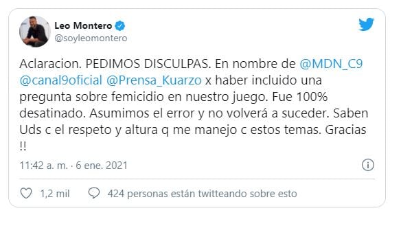 Leo Montero pidió disculpas por la pregunta realizada durante su programa.