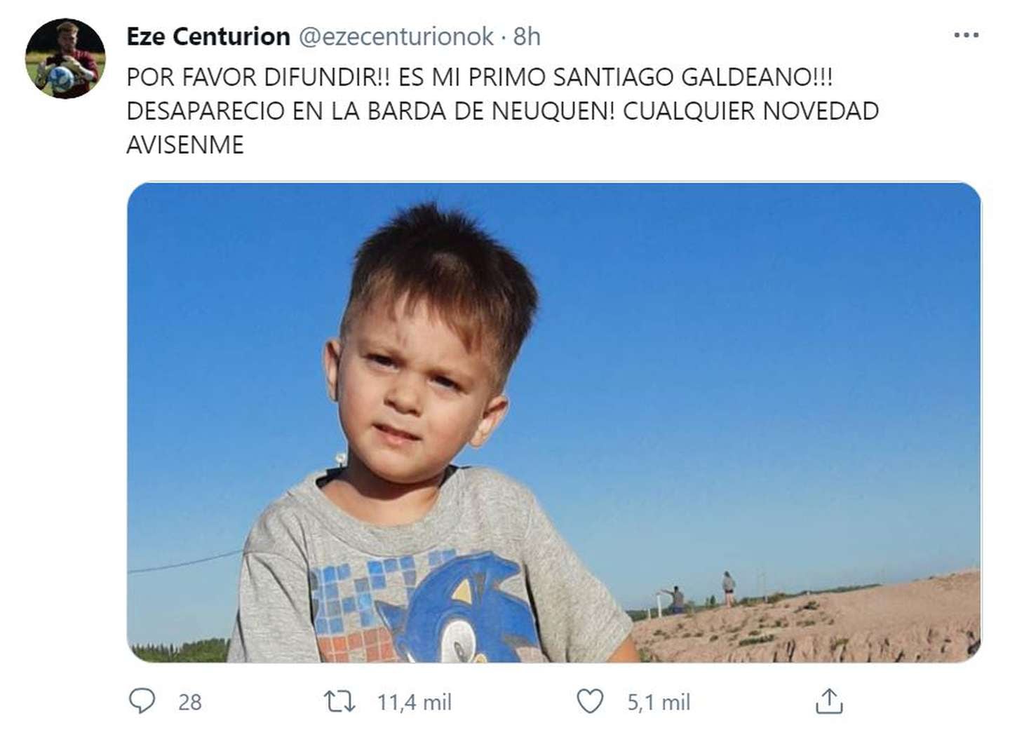 El pedido de Centurión por su primo en Twitter.