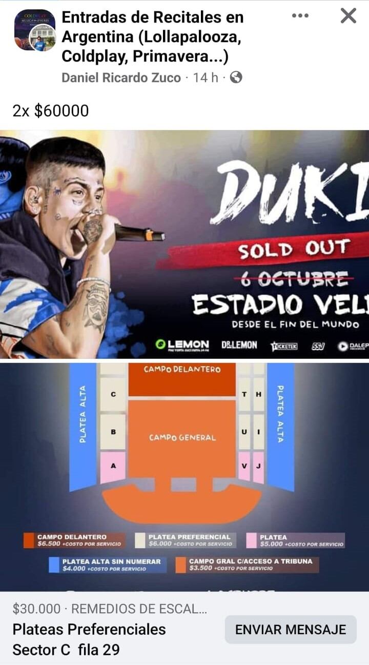 Ya salió la reventa para ver a Duki en Vélez.