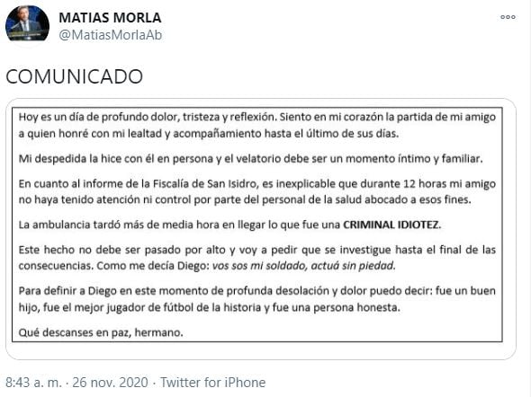 El comunicado que emitió Matías Morla al día siguiente de la muerte de Diego Maradona.