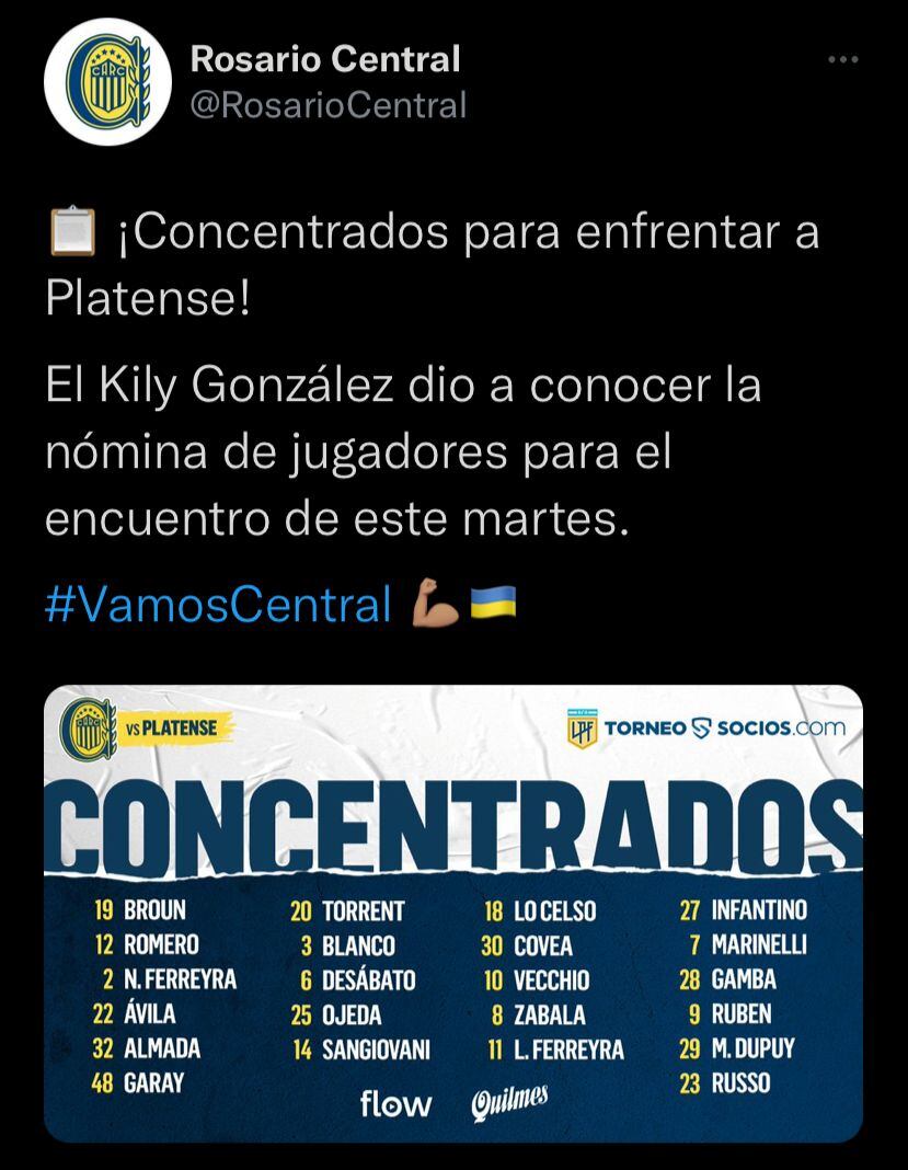 La lista de concentrados de Rosario Central para visitar a Platense. (@RosarioCentral)