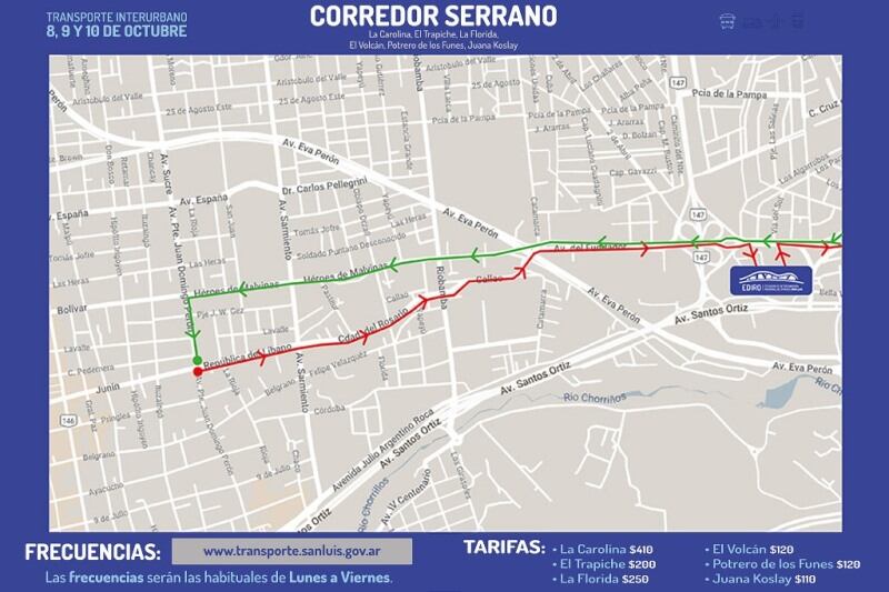 El recorrido del transporte en San Luis este fin de semana.