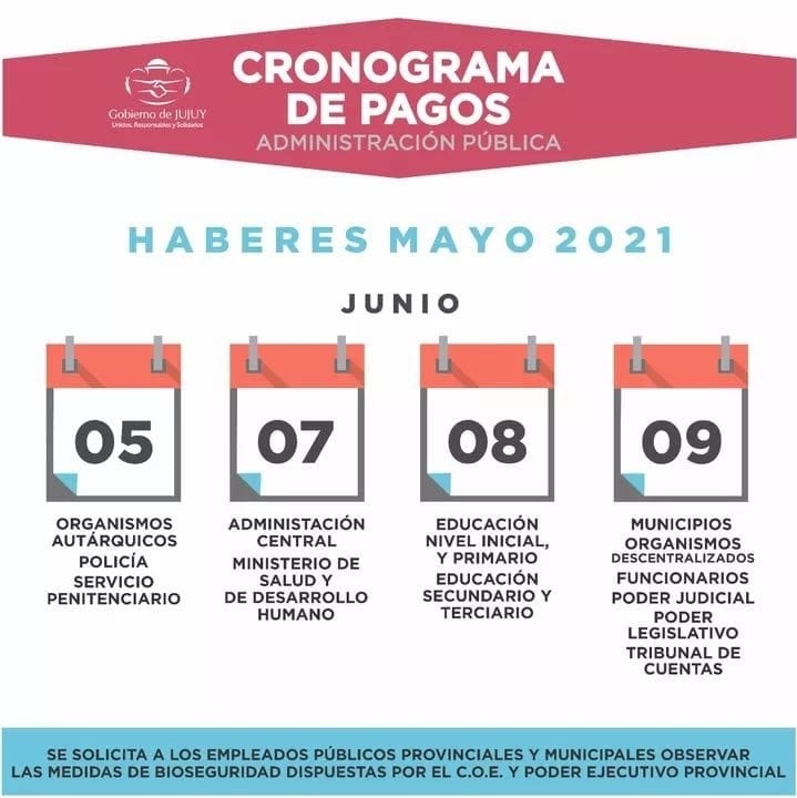 Infografía distribuida por el Ministerio de Hacienda de la Provincia referida al cronograma de pago de sueldos en Jujuy.