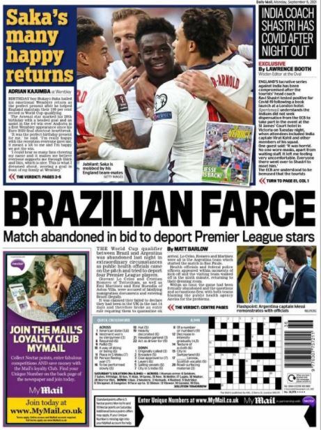 El Daily Mail de Inglaterra culpó a Brasil por la suspensión del partido ante Argentina por Eliminatorias sudamericanas.