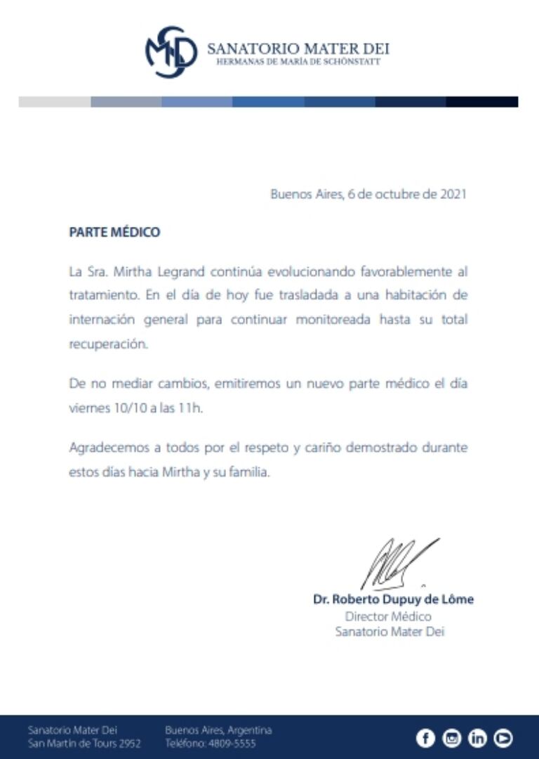 El nuevo parte médico de Mirtha Legrand