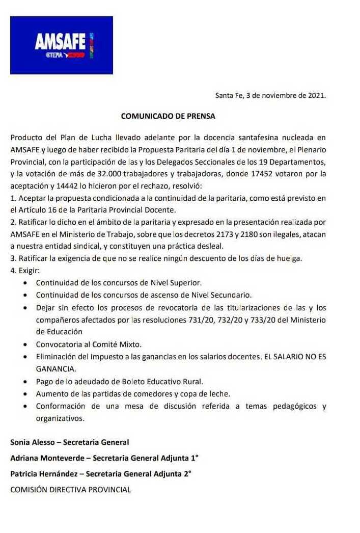 Comunicado de Amsafe sobre la aceptación de la oferta salarial