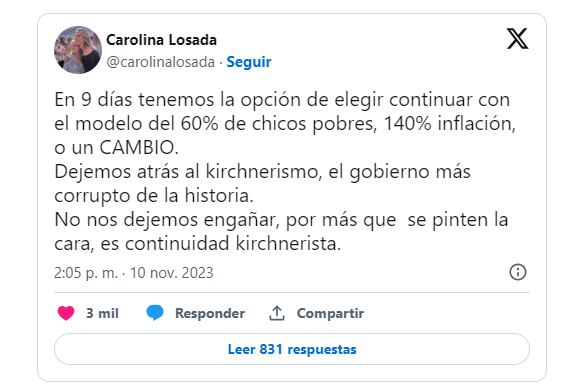 Carolina Losada se pronunció sobre el balotaje y sentó postura