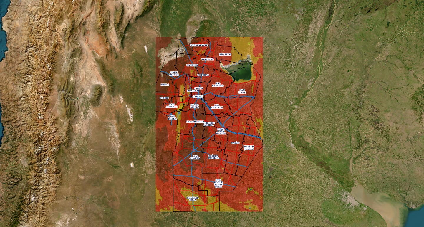 El mapa de incendios del Observatorio Hidrometeorológico Córdoba indica que el riesgo de incendios es extremo en la provincia. (Ohmc)