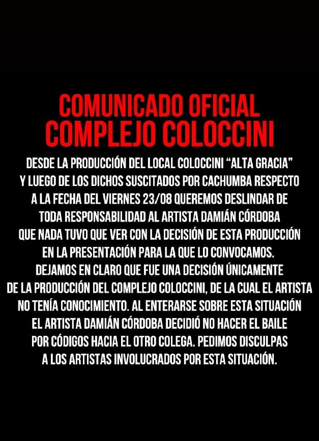 El comunicado de Complejo Coloccini tras el descargo de Cachumba.