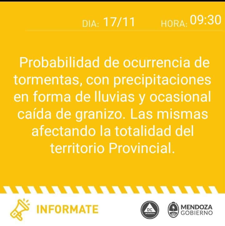 Alerta amarilla por tormentas en Mendoza (Defensa Civil)