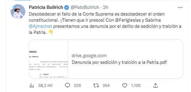 Patricia Bullrich denunciará a Alberto Fernández y a 19 gobernadores por sedición y traición a la Patria