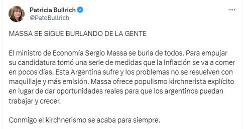 El tuit de Patricia Bullrich criticando a Massa.