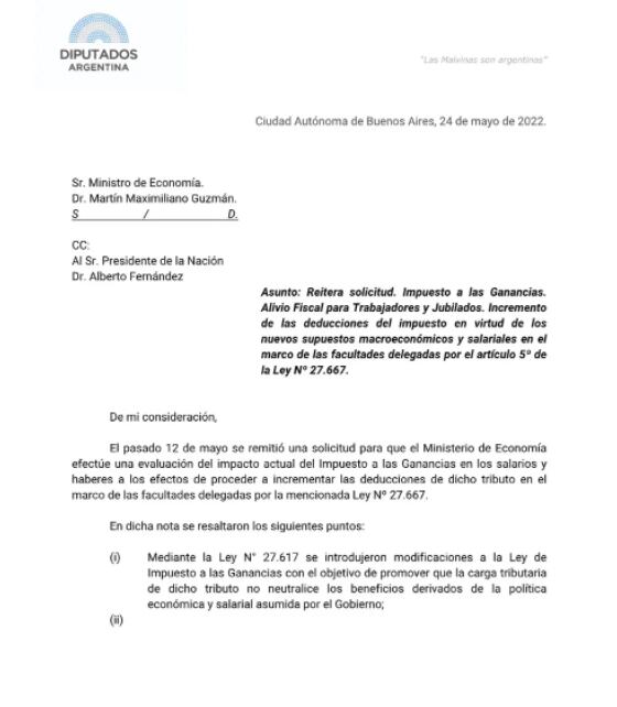 Parte de la carta que envió Massa (Gentileza Infobae).