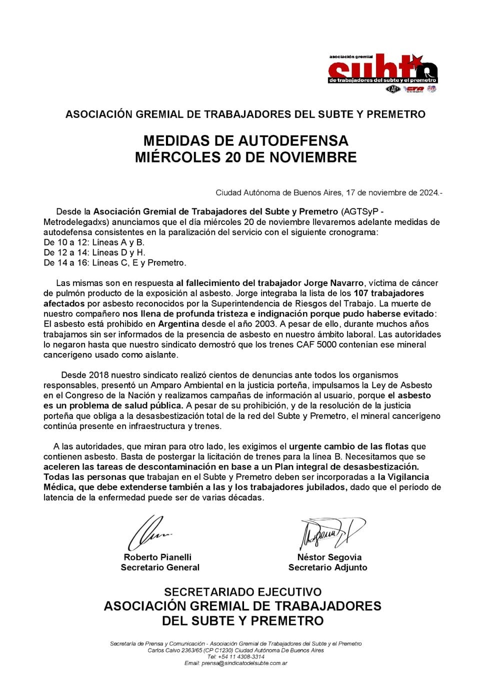 Comunicado emitido por la Asociación Gremial de Trabajadores del Subte y Premetro