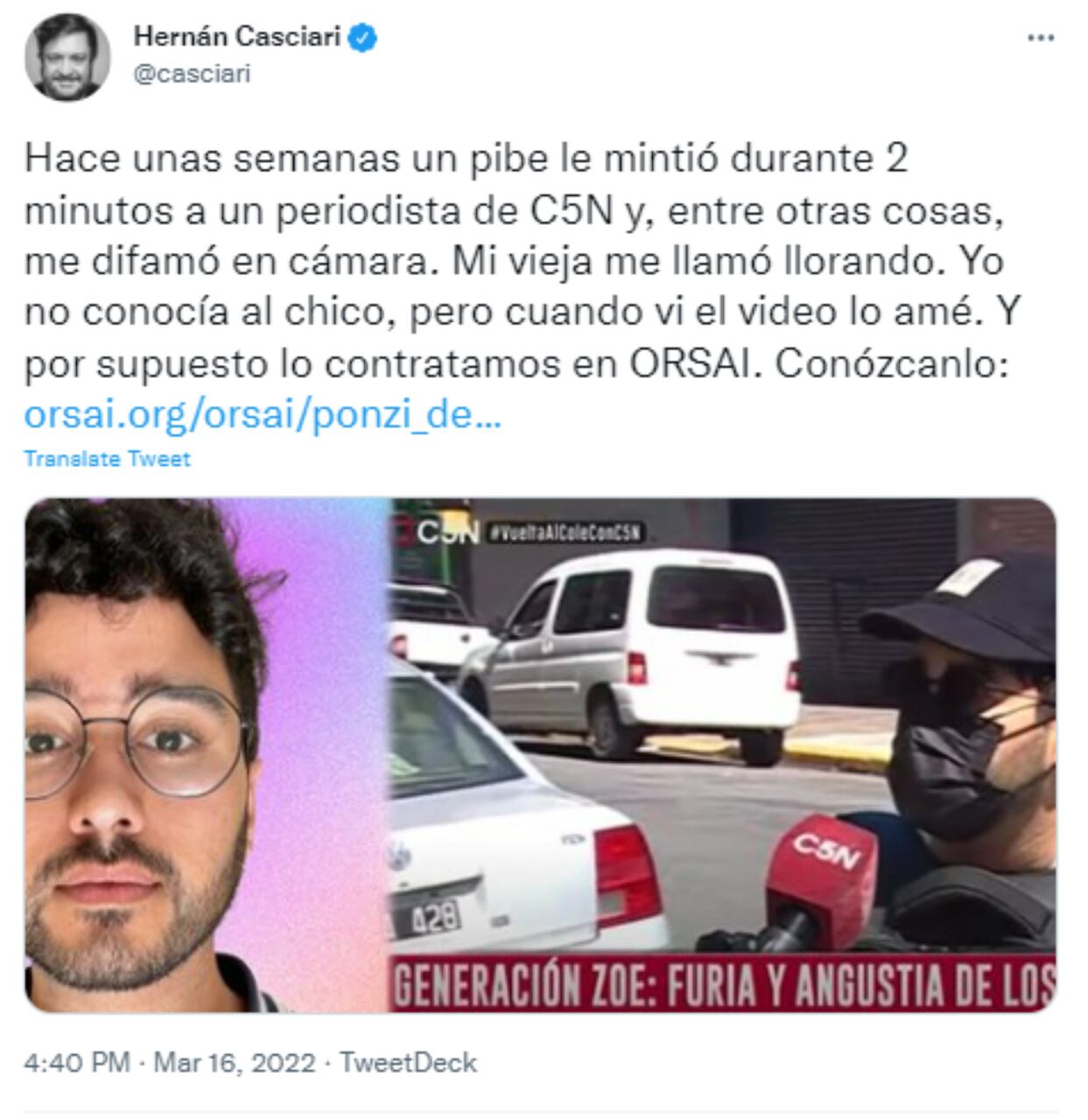 Casciari compartió en Twitter la incorporación de Jeremías.