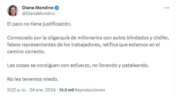 El mensaje de Diana Mondino en respuesta al posteo de Bullrich.