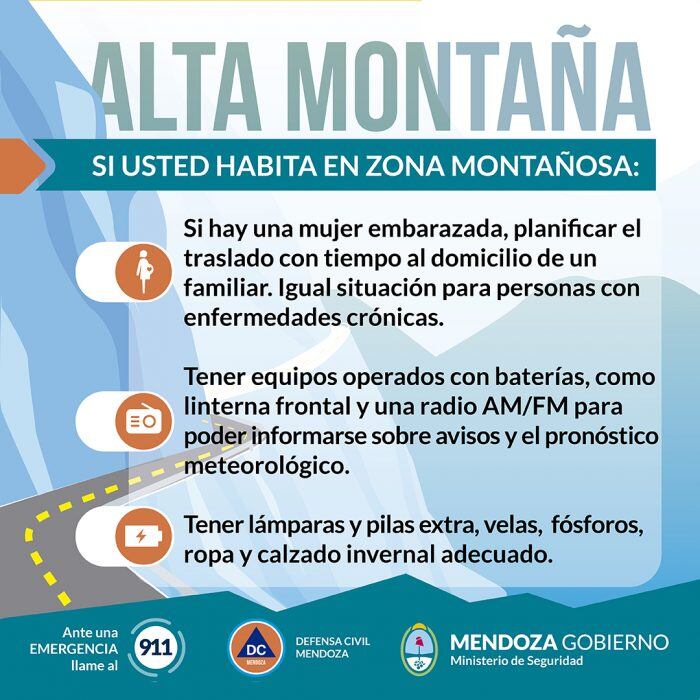 Nevadas en Alta Montaña: recomendaciones de Defensa Civil Mendoza.