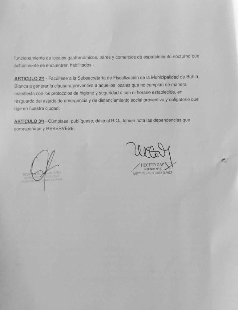 Decreto 2357/2020 que extiende el horario de bares y restaurantes en Bahía Blanca.