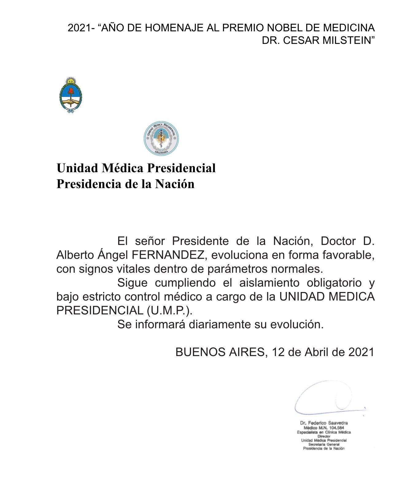 Parte médico Alberto Fernández