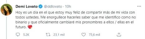 Demi Lovato hizo el anuncio a través de Twitter.