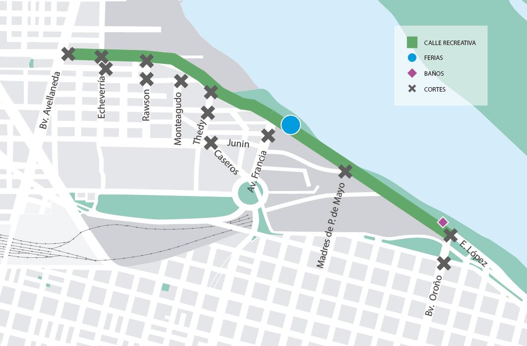 Mapa de cortes de tránsito por la Calle Recreativa nocturna (Municipalidad de Rosario)