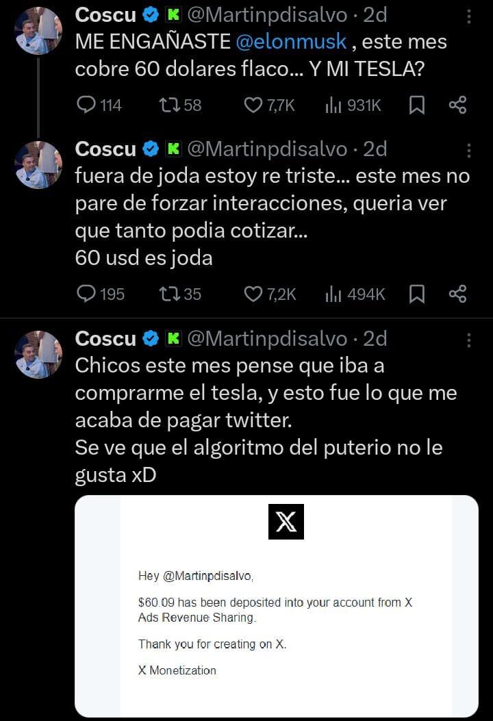 Coscu mostró lo que cobró por X.