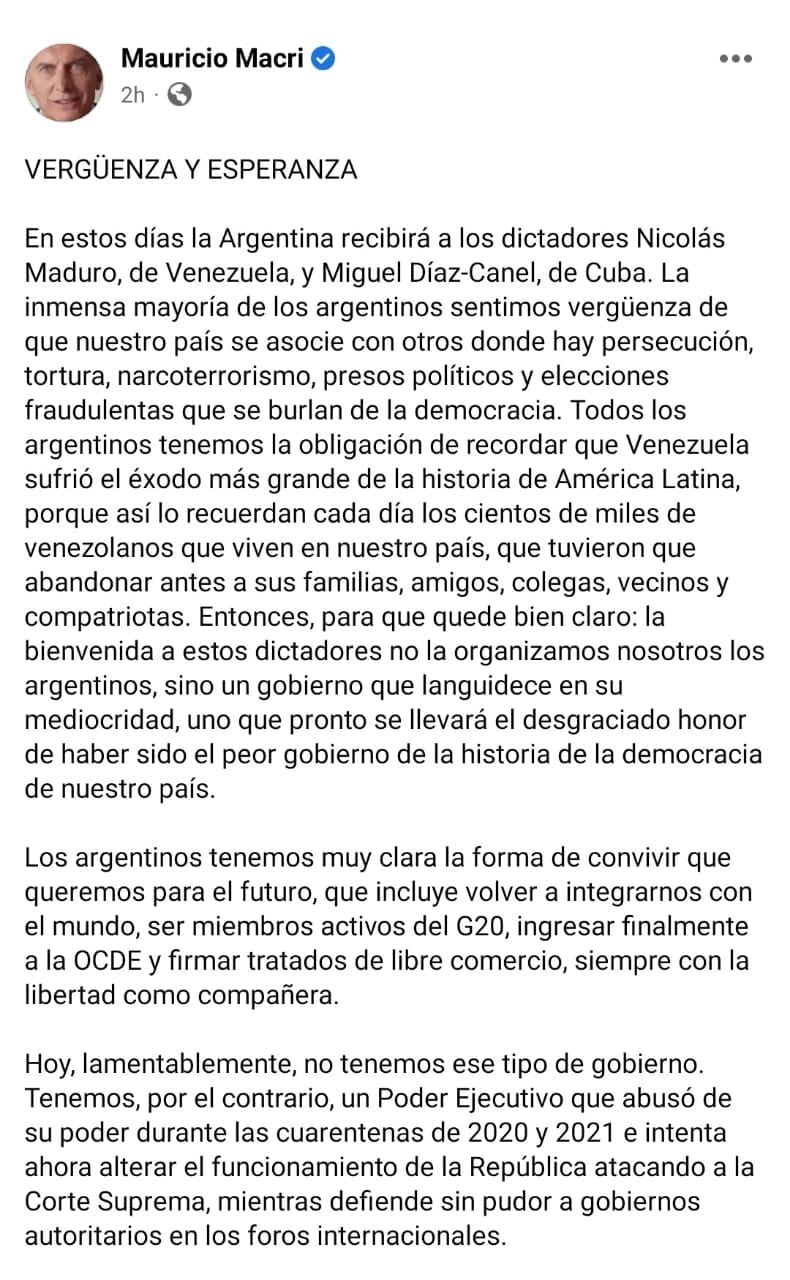 Mauricio Macri repudió la visita de Nicolás Maduro y Miguel Díaz-Canel a Argentina.