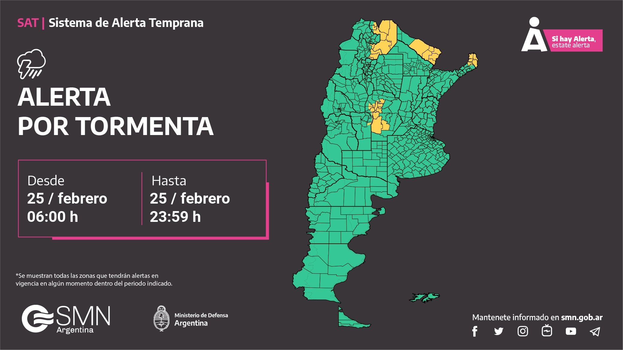 Alerta amarilla por tormentas para este sábado.