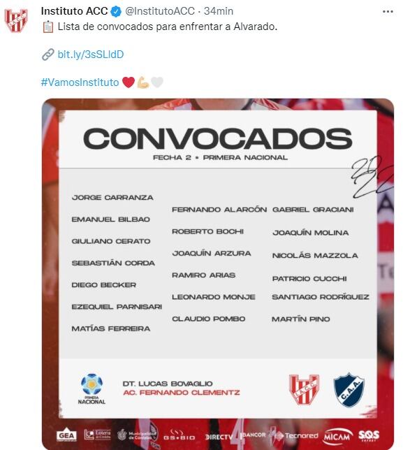 Los elegidos por Lucas Bovaglio para el debut como local de Instituto.