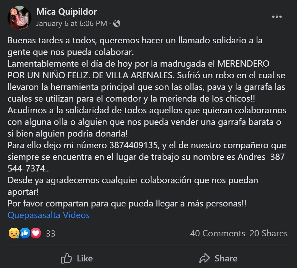 Publicación en el grupo Alguien Sabe? Salta pidiendo ayuda.