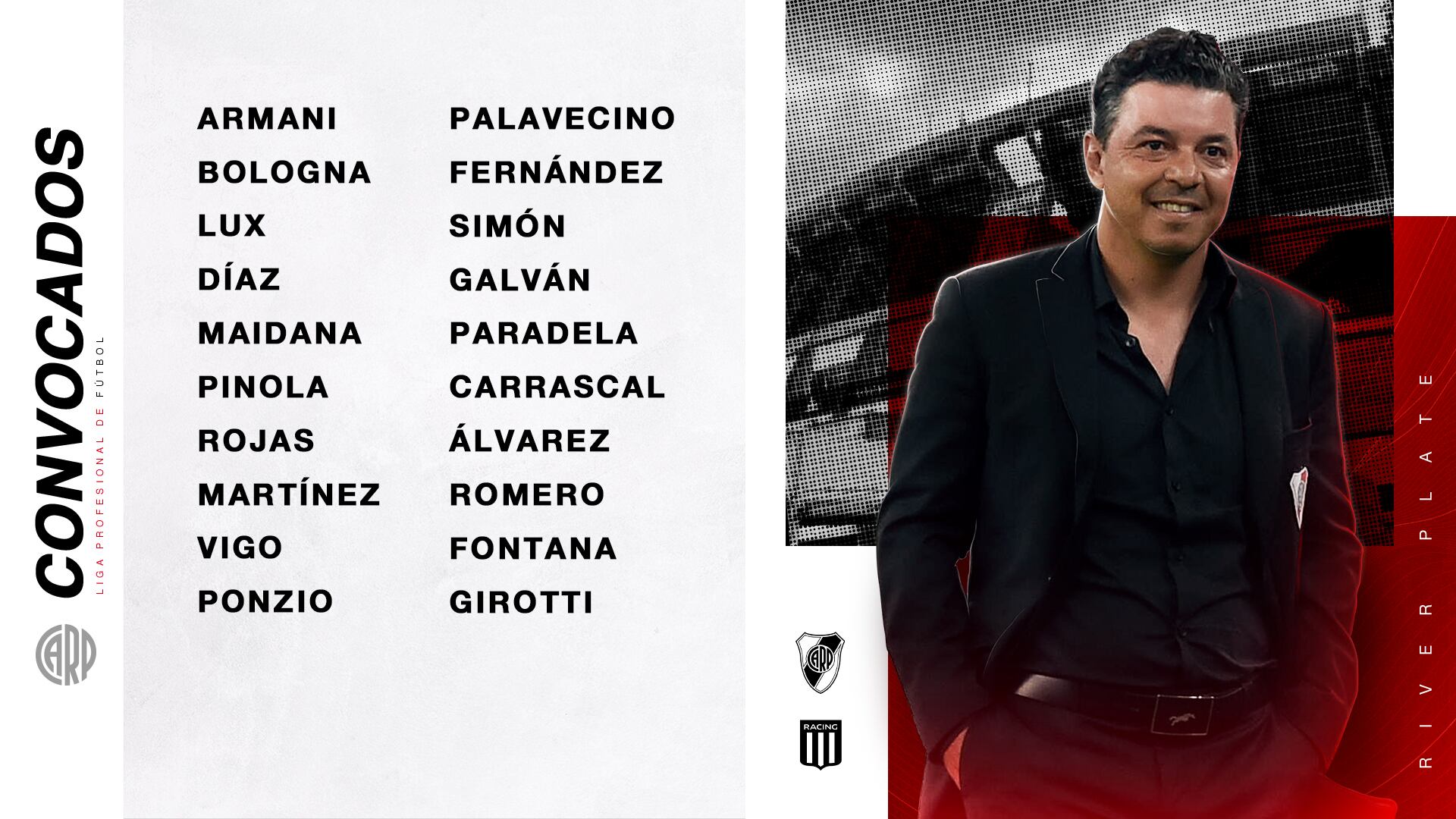 Los convocados de River contra Racing.