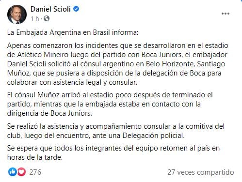 Comunicado de Daniel Scioli, embajador argentino en Brasil, sobre la asistencia prestada a la delegación de Boca tras los incidentes en el estadio Mineirao.