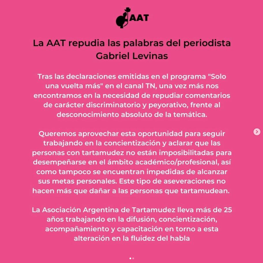 La Asociación Argentina de Tartamudez repudió las declaraciones de Gabriel Levinas. Foto: Instagram/@tartamudez