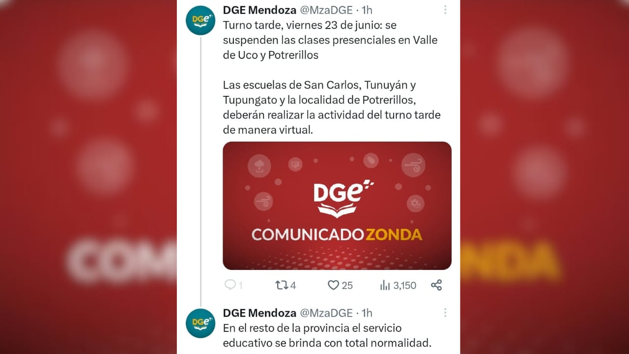 La DGE Suspende clases en San Carlos, Tunuyán, Tupungato y Potrerillos por viento zonda