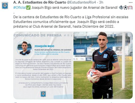 El arquero Joaquín Bigo pasó a préstamo a Arsenal, sin cargo y sin opción.