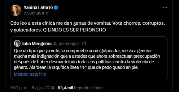 Yanina Latorre le contestó a Julia Mengolini en medio de la polémica con Alberto Fernández