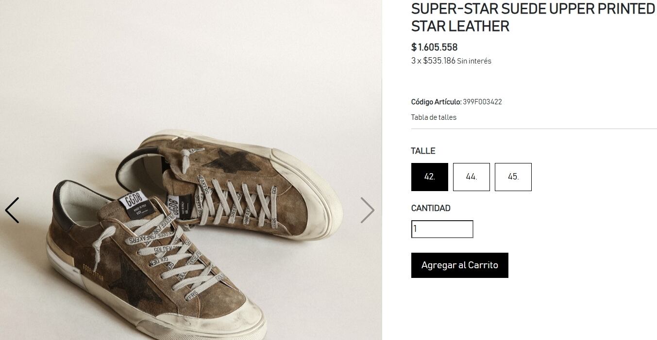 Los precios de las zapatillas Golden Goose en la página de Red Market Argentina