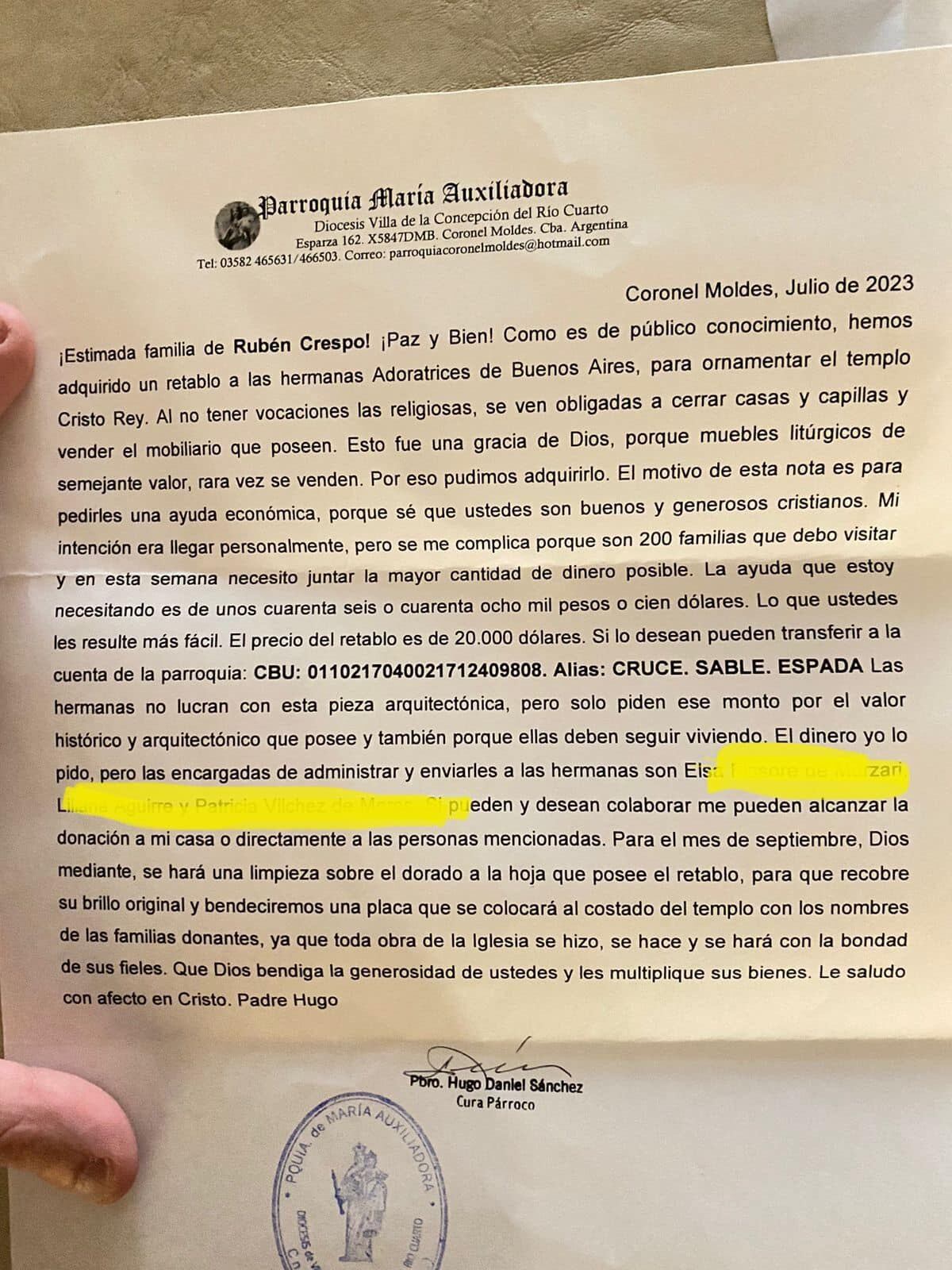 Carta que envió el cura a las familias.