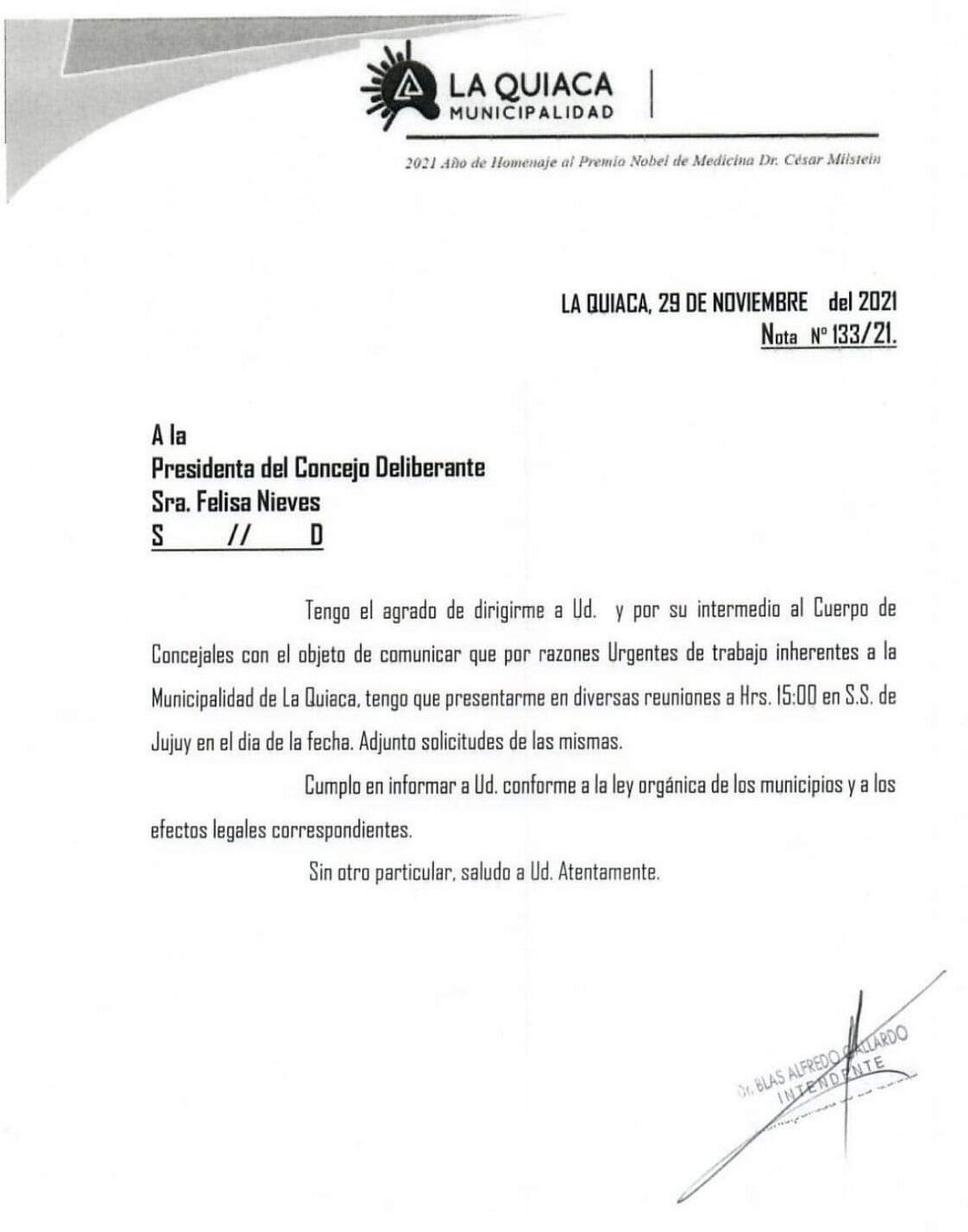 Nota cursada por el intendente Gallardo informando al Concejo Deliberante su reincorporación al mando del Departamento Ejecutivo municipal.